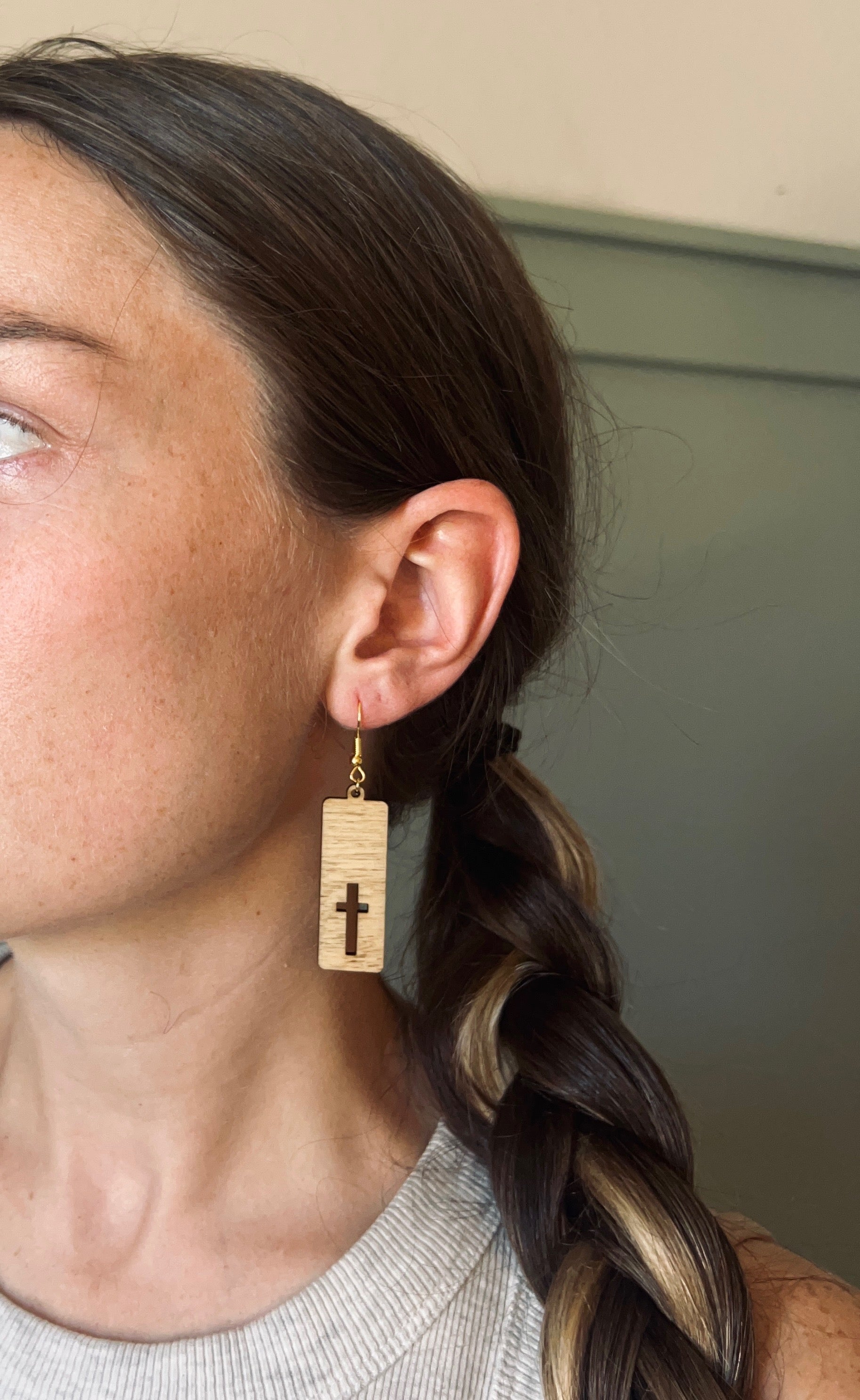 Wooden Dangle Cross Earrings